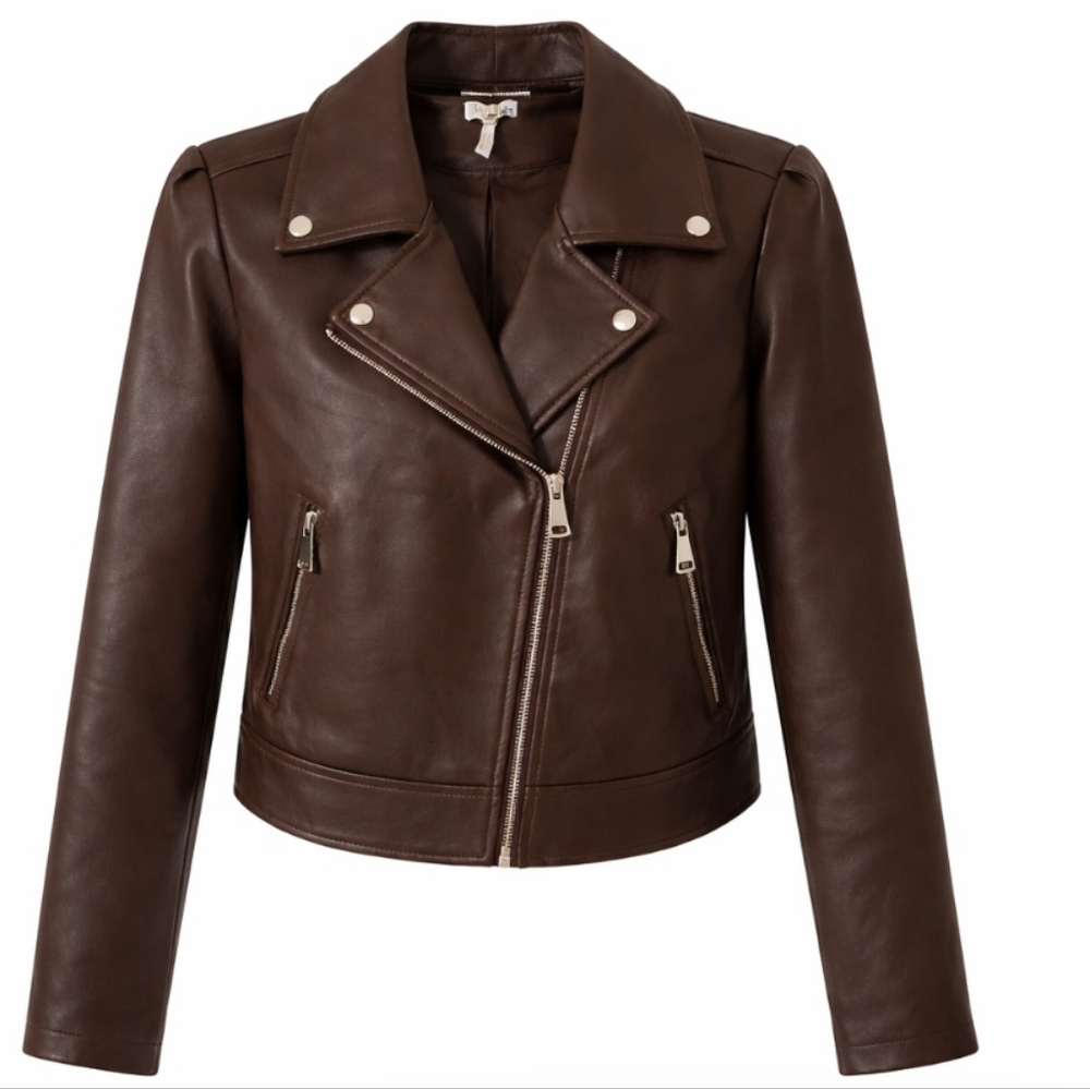 Landry | Dark Brown Faux Leather Silver Zipper Jacket - Picture 4 of 10